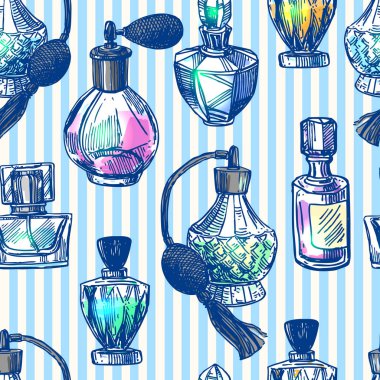Parfüm şişeleri vektörsüz desen çizimi. El çizimi resim biçimi.