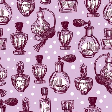 Parfüm şişeleri vektörsüz desen çizimi. El çizimi resim biçimi.