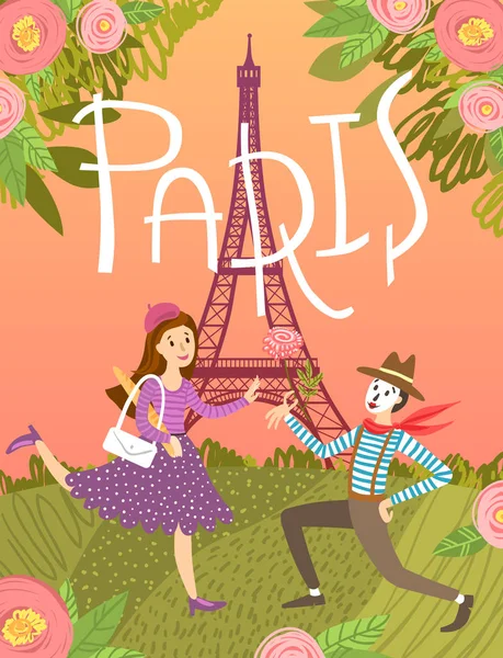 Illustration vectorielle de Paris. photo mignonne avec La Tour Eiffel, fille et mime . — Image vectorielle