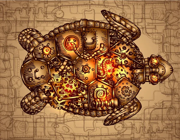 Tortue mécanique. Illustration vectorielle steampunk dessinée à la main — Image vectorielle