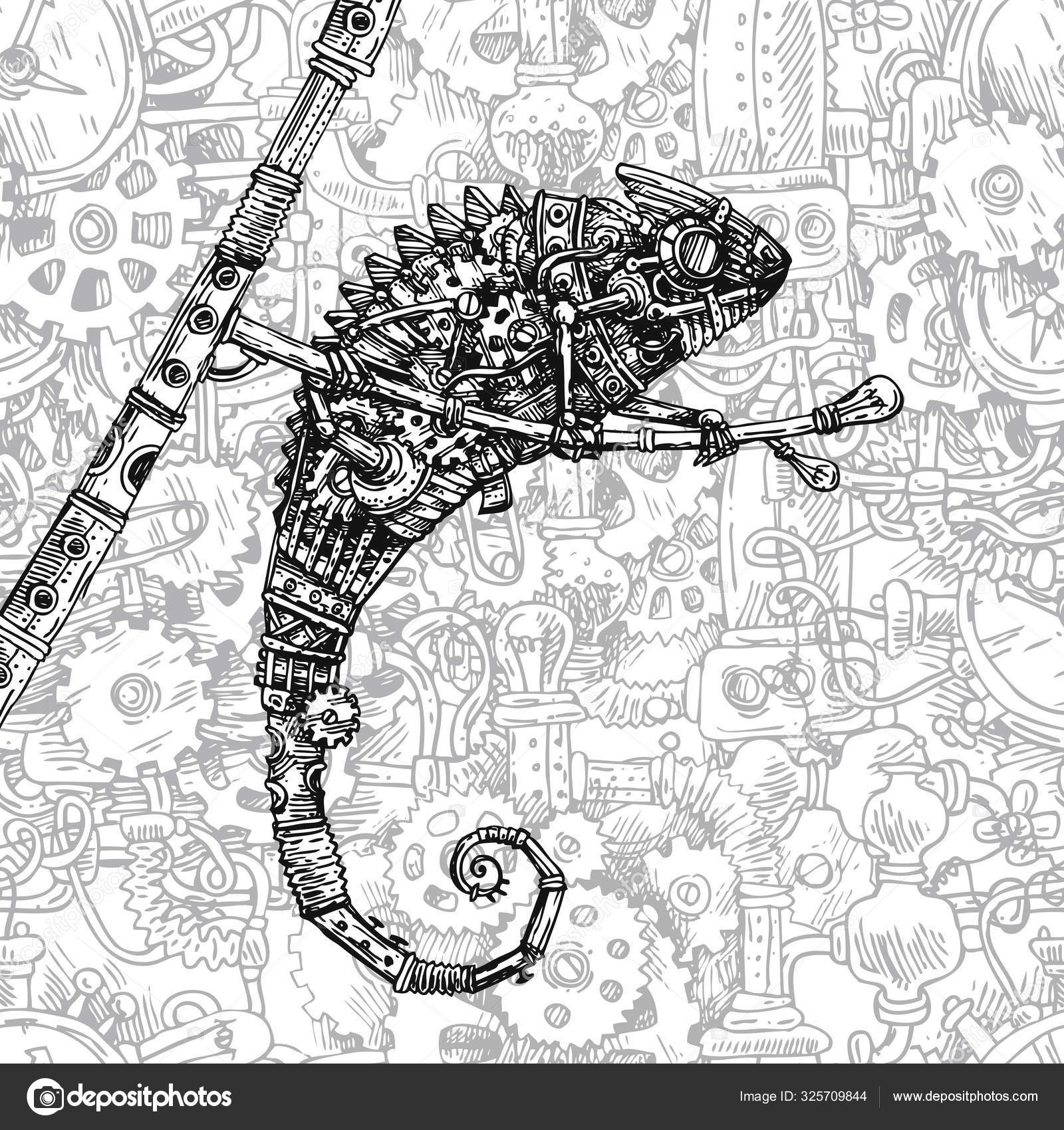 Mechanical chameleon. Hand drawn vector steampunk illustration. Stock  Vector Image by ©Margarita_87 #325709844