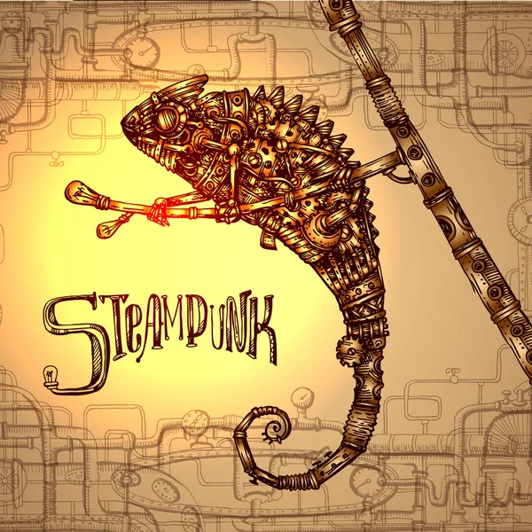 Mechanical chameleon. Hand drawn vector steampunk  illustration. — Stock Vector