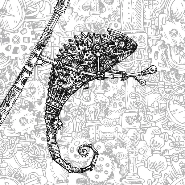 Camaleón mecánico. Vector dibujado a mano steampunk ilustración . — Archivo Imágenes Vectoriales