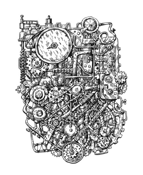 Steampunk mechanism print. Hand drawn vector illustration