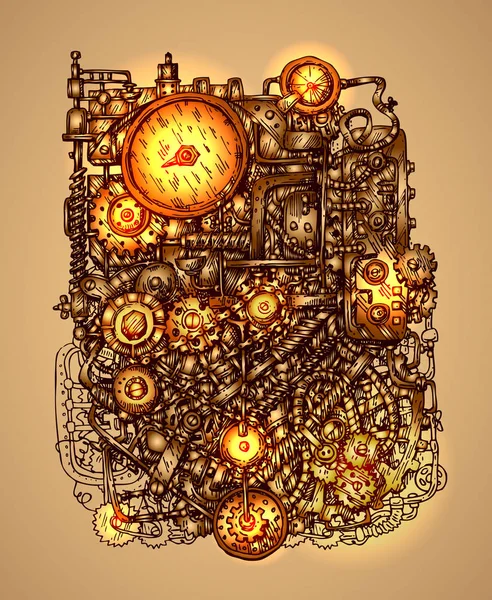 Steampunk mechanism print. Hand drawn vector illustration — Stock Vector