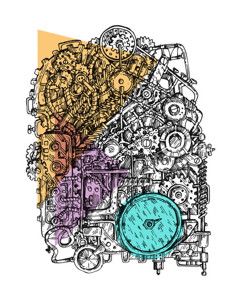 Steampunk mechanism print. Hand drawn vector illustration