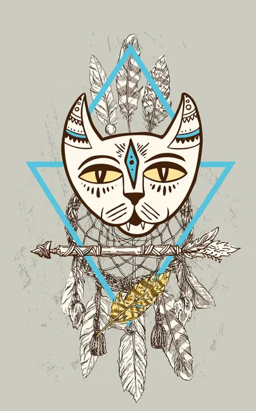 Vecteur dessin à la main tête de chat. Affiche de style Boho . — Image vectorielle