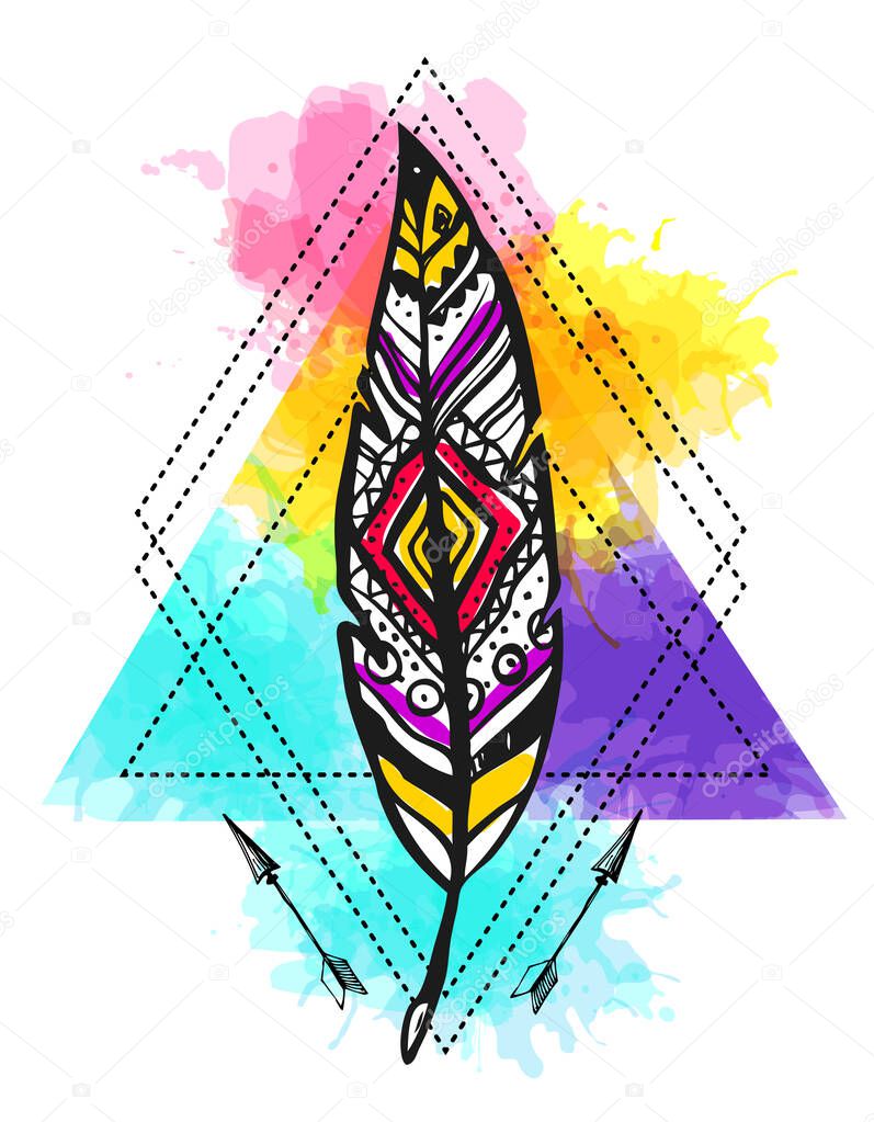 Ethnic feather on watercolor background.  Hand drawn vector illustration.