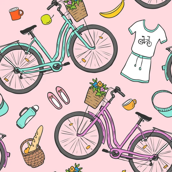 Cykelkryssare illustration. Handritad illustration med staden kvinnors cykel. — Stock vektor