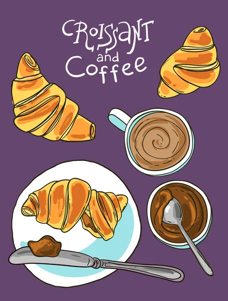 Croissant y café. Dibujado a mano hermosa ilustración de estilo de boceto para menú de restaurante . — Archivo Imágenes Vectoriales