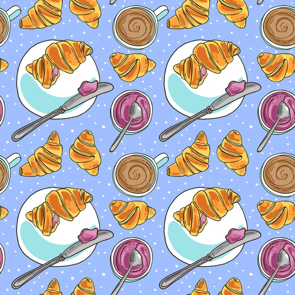 羊角面包和咖啡手绘精美的餐厅菜单草图. — 图库矢量图片