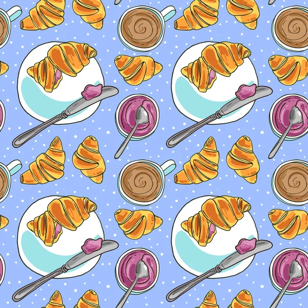 Croissant y café. Dibujado a mano hermosa ilustración de estilo de boceto para menú de restaurante . — Vector de stock