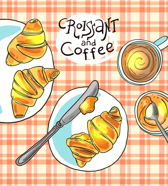 Croissant e café. Desenho à mão bela ilustração estilo esboço para menu de restaurante . — Vetor de Stock