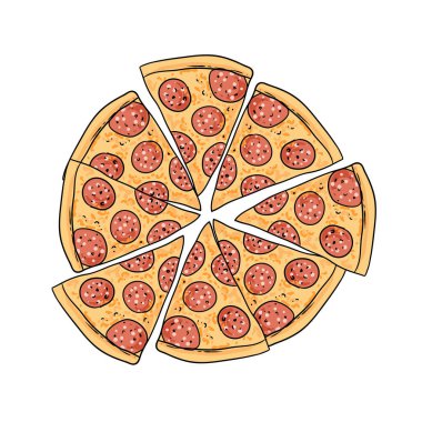 Pizza vektör çizimi. Elle çizilmiş yemek çizimi. 