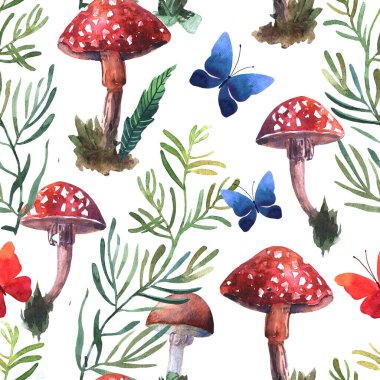 Suluboya mantarlar pürüzsüz desen. Elle boyanmış suluboya güzel bir resim.