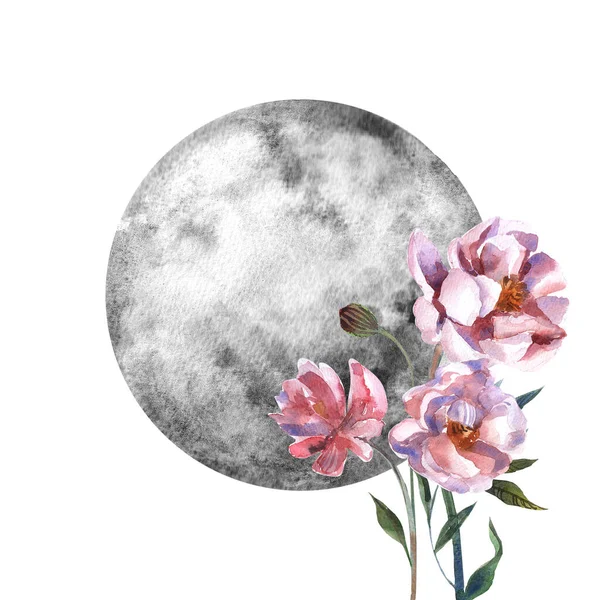 水彩月亮和花朵。手绘水彩画美丽的插图 — 图库照片