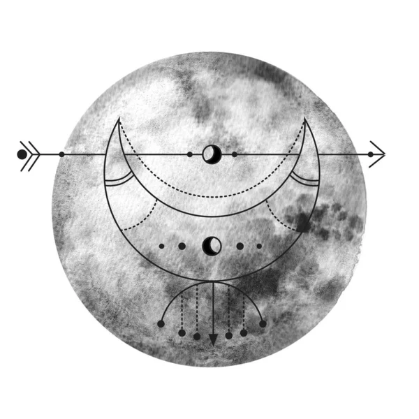 Luna acuarela y símbolo sagrado. Acuarela pintada a mano hermosa ilustración —  Fotos de Stock