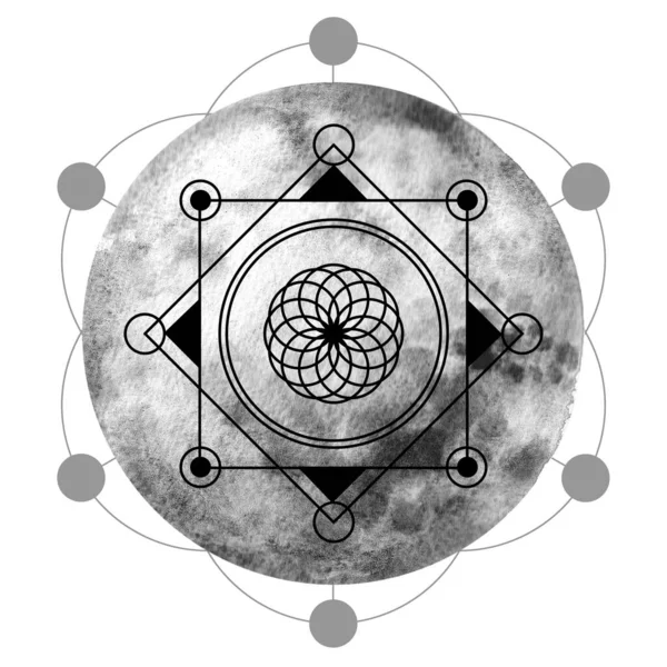 Lune aquarelle et symbole sacré. Aquarelle peinte à la main belle illustration — Photo
