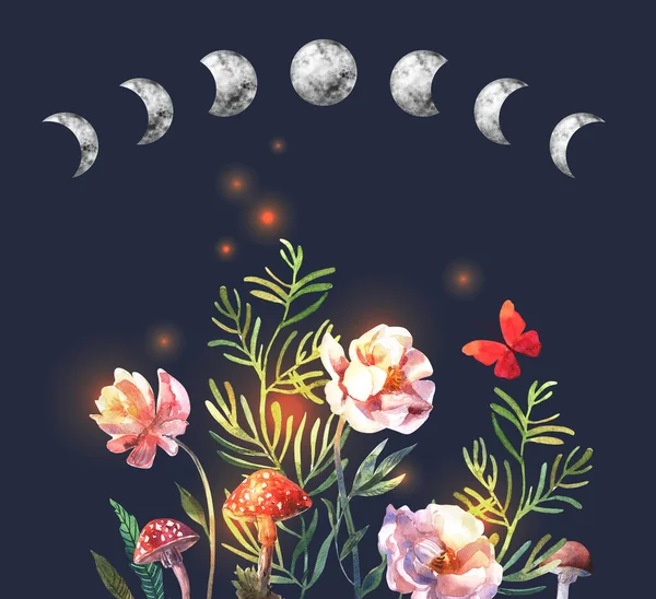Aquarell Mondphasen und Blumen auf dunklem Hintergrund. Handgemaltes Aquarell schöne Illustration. — Stockfoto