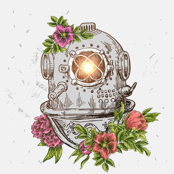 Casco de buceo antiguo vintage. Ilustración vectorial dibujada a mano . — Archivo Imágenes Vectoriales