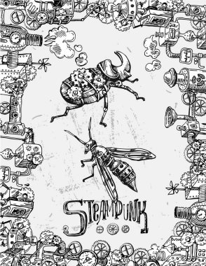 Mekanik böcek. El çizimi güzel vektör illüstrasyonu.