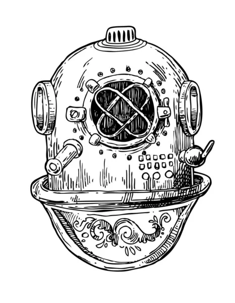 Stary klasyczny hełm nurkowy. Ilustracja wektora narysowanego ręcznie. — Wektor stockowy