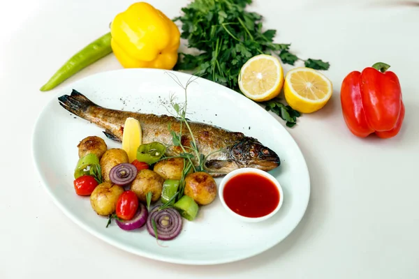 Rainbow Trout Grilled Vegetables Citrus Sauce — Stock Photo, Image