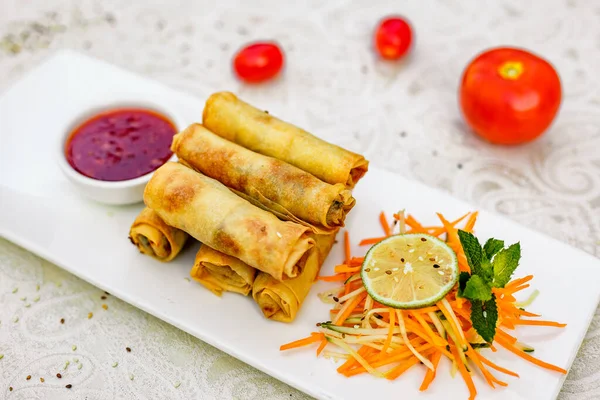 Pancakes Stuffed Meat Carrots Spicy Sauce — Stock Photo, Image