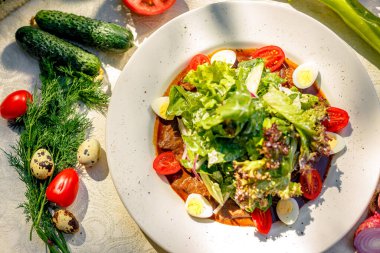 Taze sebzeli salata ve et, marul, yatsami, beyaz tabakta domates.