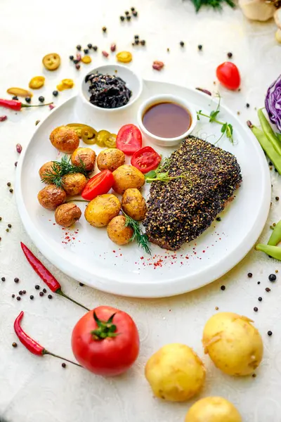 Bors Steak Sült Burgonyával Savanyított Hagyma Vegetáriánus Szósz — Stock Fotó