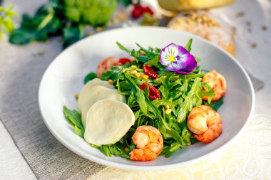 Kurutulmuş et, sebze ve sebzeli taze salata, sağlıklı yiyecekler.