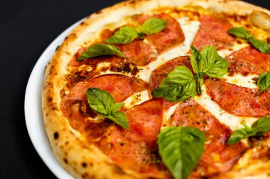 Peynirli ve fesleğenli sıcak İtalyan pizzası, izole edilmiş.