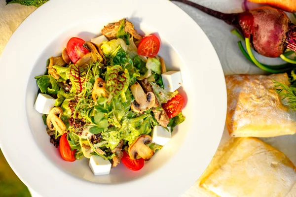 新鲜沙拉 配以蘑菇 西红柿 香草和蔬菜 并配上配料和健康食品 — 图库照片