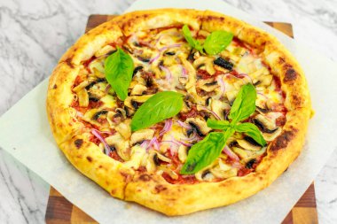 İtalyan pizzası mozzarella ve fesleğenli.