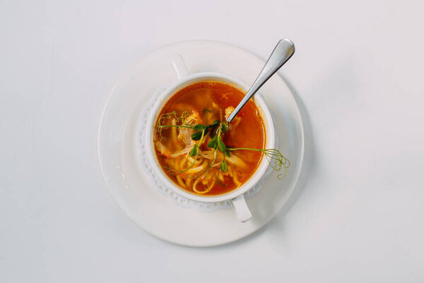 самодельный куриный суп с лапшой на белом фоне
