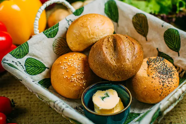 Fresh Buns Butter Basket Healthy Food Decorated Table — Stock Photo, Image