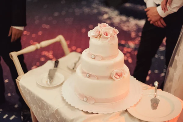 Schöne weiße und farbige Hochzeitstorte. Braut und Bräutigam schneiden ihre Hochzeitstorte an — Stockfoto