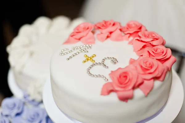 Bella torta nuziale bianca e colorata. Una sposa e uno sposo stanno tagliando la loro torta nuziale — Foto Stock