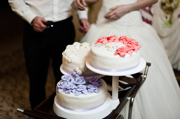 美しい白と色のウェディング ケーキ。新郎、新婦がウェディング ケーキを切っています。 — ストック写真
