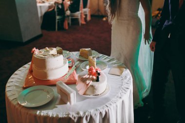 Güzel beyaz ve renkli düğün pastası. Bir gelin ve damat onların düğün pastası kesme