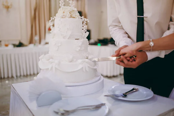 Schöne weiße und farbige Hochzeitstorte. Braut und Bräutigam schneiden ihre Hochzeitstorte an — Stockfoto