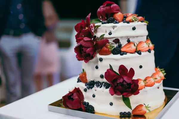 Krásné bílé a barevné svatební dort. Nevěsta a ženich je řezání jejich svatební dort — Stock fotografie