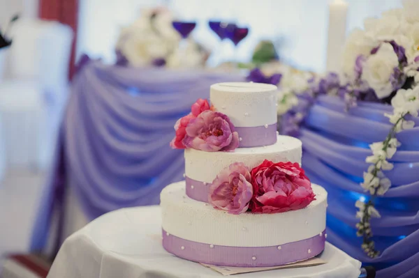 Bella torta nuziale bianca e colorata. Una sposa e uno sposo stanno tagliando la loro torta nuziale — Foto Stock