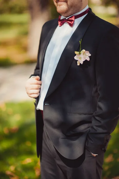 Ember, a vőlegény egy esküvői ruha pillangó. Kezét, érdekel, hogy helyes beállításához, divat. Instagram színek alakformálás — Stock Fotó