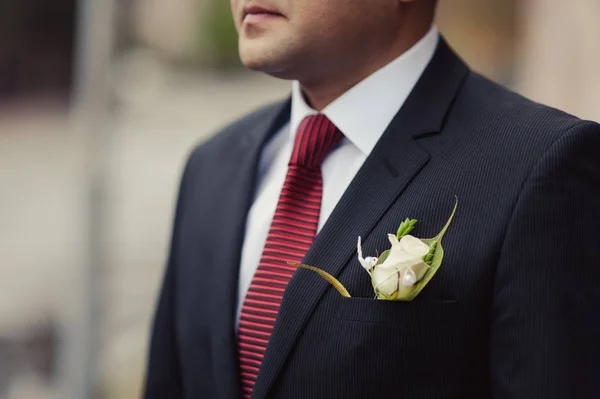 O noivo em um terno corrige uma gravata. Acessórios do Groom — Fotografia de Stock