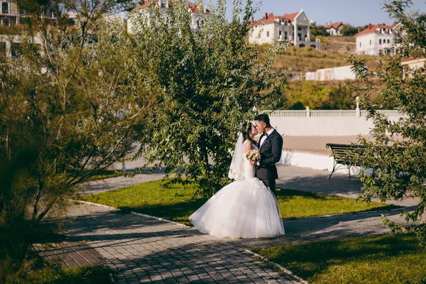 Hochzeitspaar auf einer Uferpromenade — Stockfoto