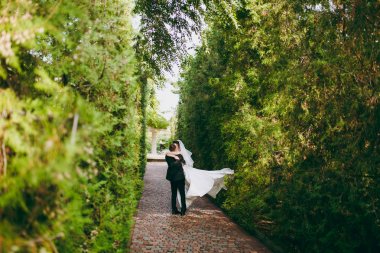 Kum bir yürüyüş gelin ve damat deniz alanı günbatımı mimari düğün çift çimen