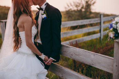 Kum bir yürüyüş gelin ve damat deniz alanı günbatımı mimari düğün çift çimen