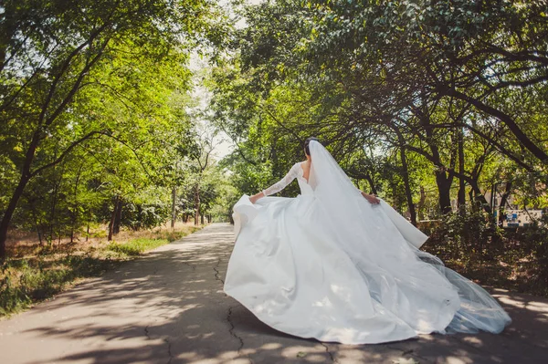 Casamento casal em um passeio noiva e noivo mar campo pôr do sol arquitetura grama areia — Fotografia de Stock