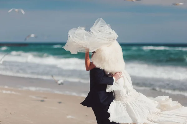 Casamento casal em um passeio noiva e noivo mar campo pôr do sol arquitetura grama areia — Fotografia de Stock